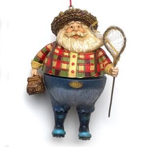 VTG Santa Wobbling Christmas Ornament Getting Ready For Fly Fishing In Waders